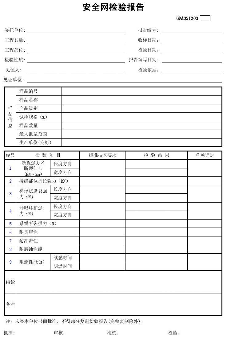 安全网检验标准表